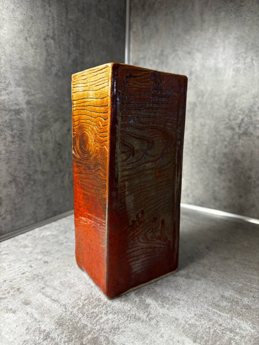 7.5” Rectangular ceramic vase, ohata kaki glaze